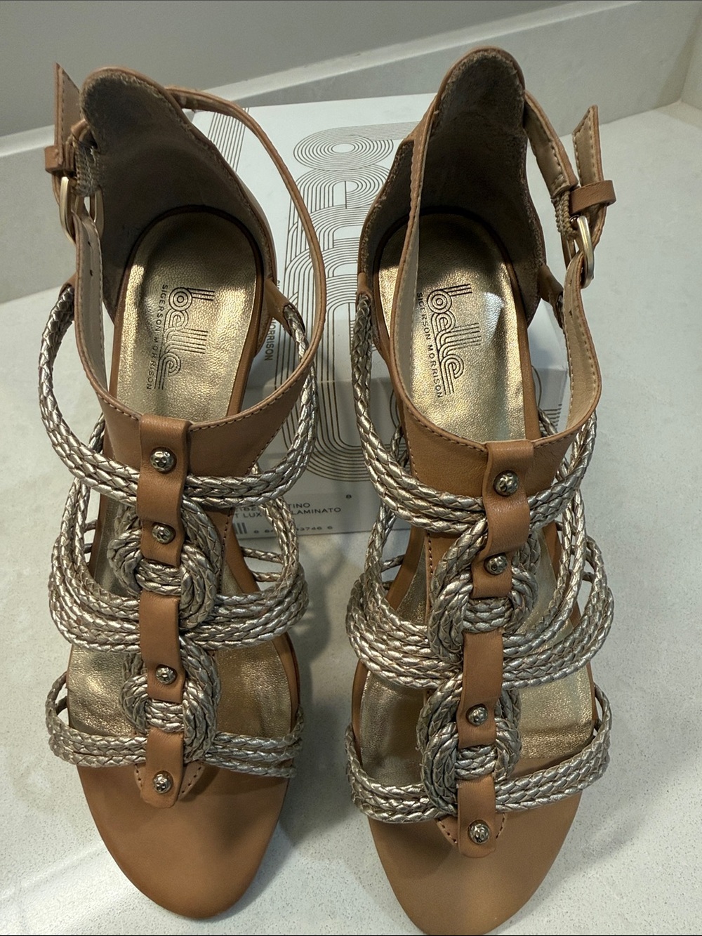 Sigerson Morrison Tan and Platinum Braided Strap Sandals